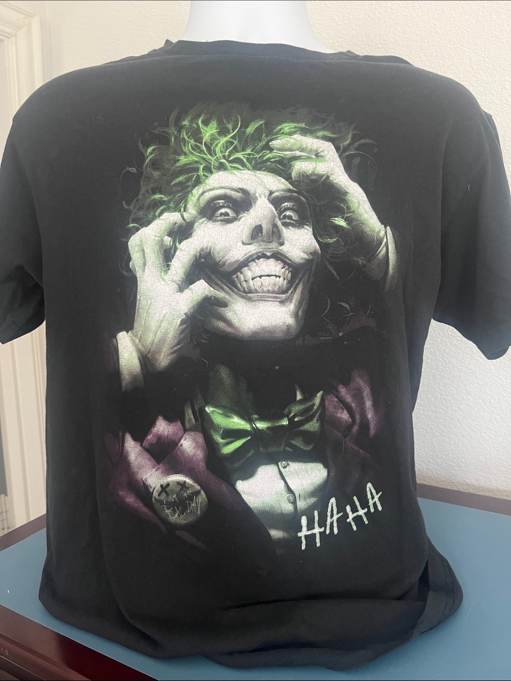 Men's Black Short Sleeve T-Shirt with Green and Purple Joker Graphic